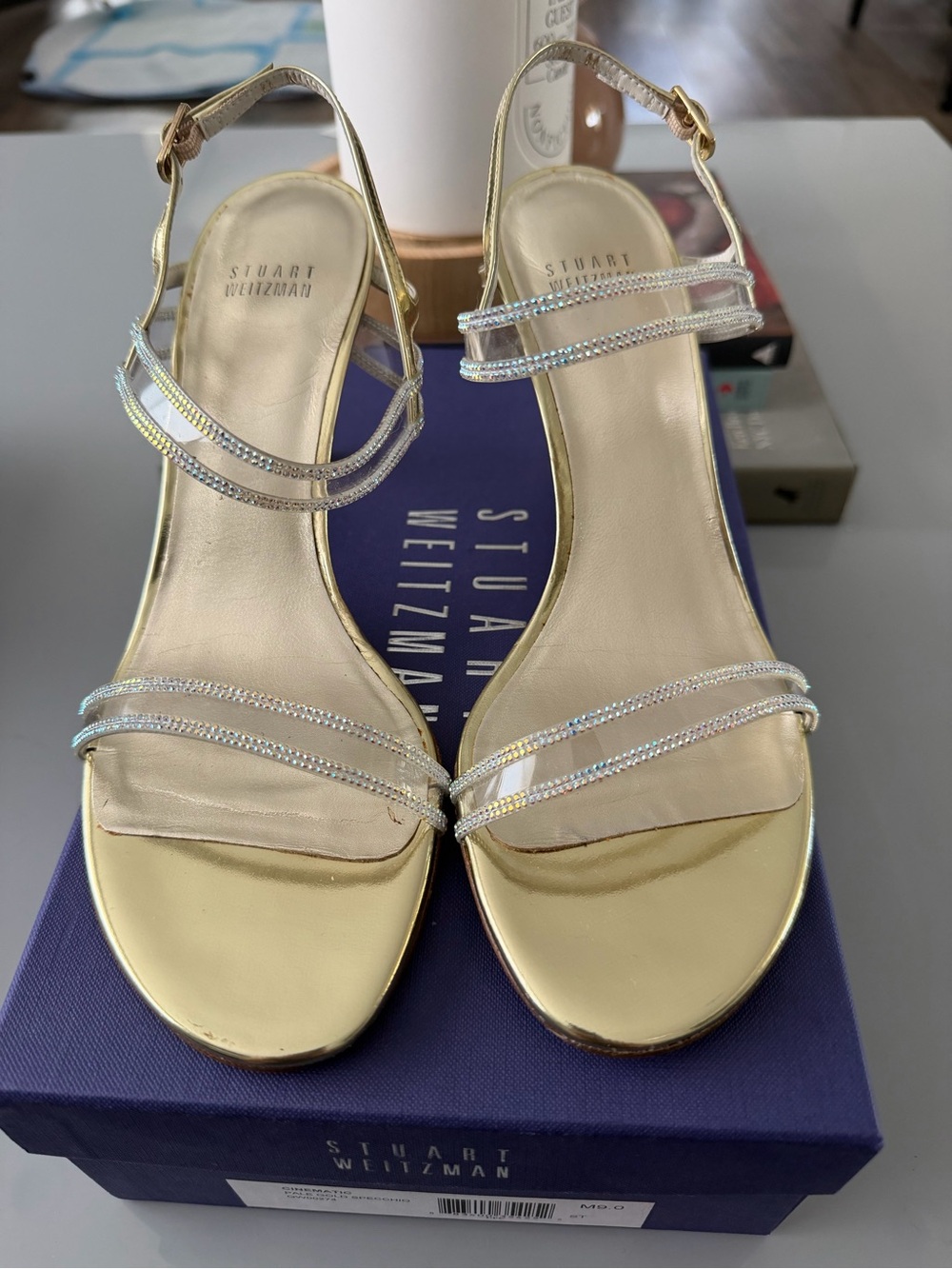 Vintage Stuart Weitzman Cinematic Gold Rhinestone Strap Sandals- Size 9M